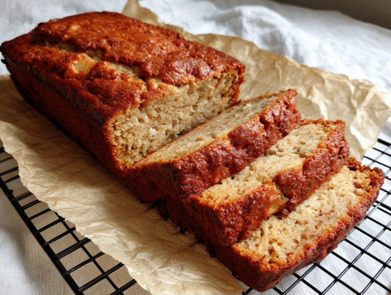 Moist cottage cheese banana bread loaf sliced on parchment paper