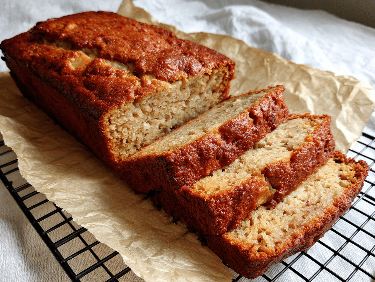 Moist cottage cheese banana bread loaf sliced on parchment paper