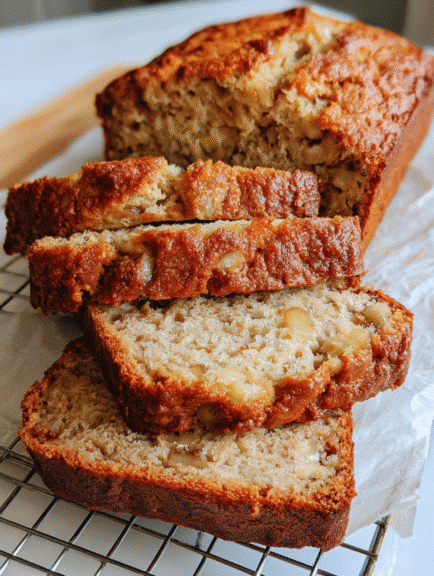 Sliced banana bread with cottage cheese and walnuts on cooling rack