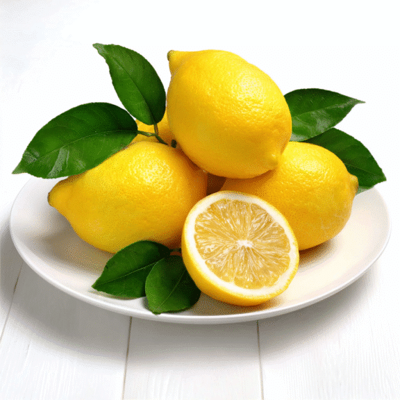 Plate of whole lemons and a lemon half