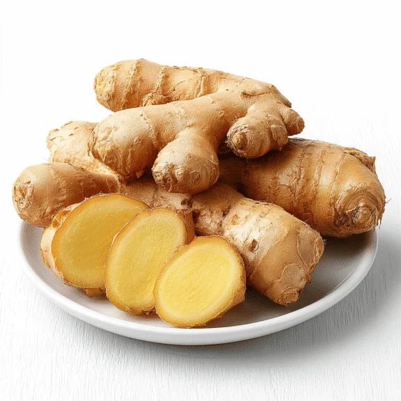 Fresh ginger root and sliced ginger on a plate